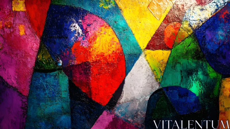 Vibrant abstract geometric painting with bold textured colors.