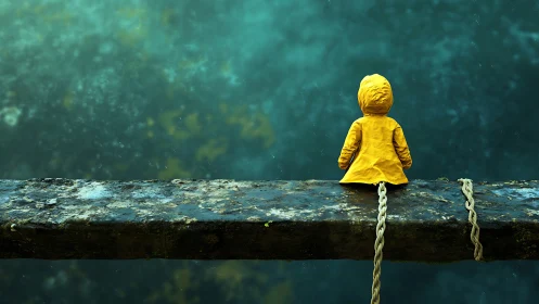 Child in yellow raincoat sitting alone above deep water.
