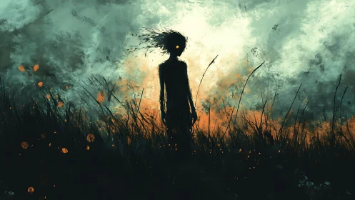Dark silhouetted figure with glowing eyes in windy field.