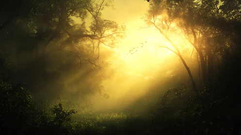 Golden morning sunlight gently awakening a quiet forest.