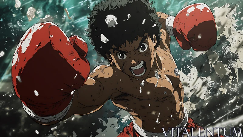 Dynamic Boxer in Action with Red Gloves and Intense Expression