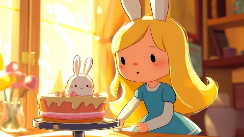 Character with Bunny Ears Observes Cake Presentation.