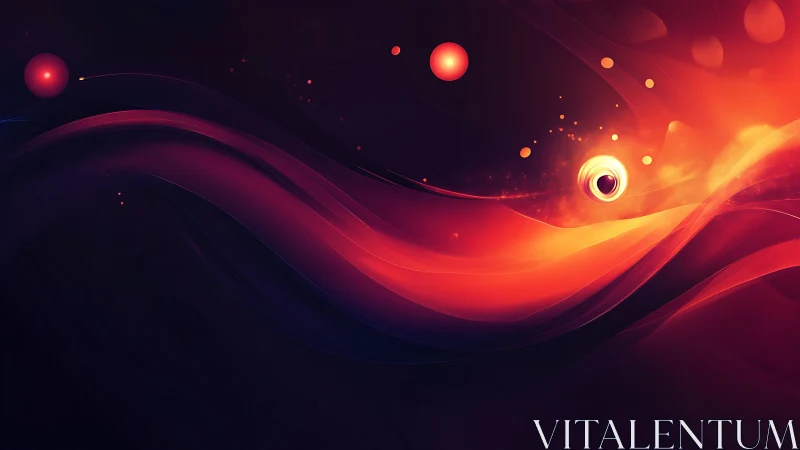Abstract red waves with glowing spheres on dark field.