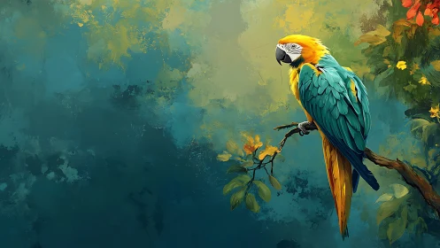 Vibrant Macaw Parrot on Branch in Artistic Digital Painting Style.