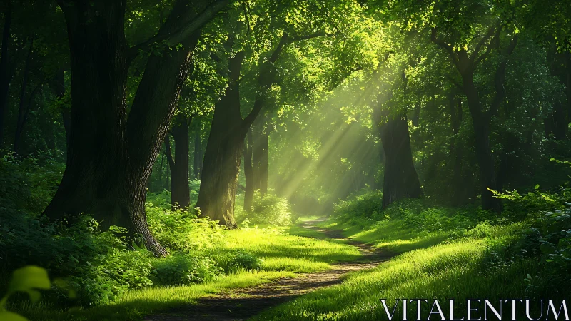 Sunlit Forest Path with Lush Greenery and Tranquil Atmosphere.