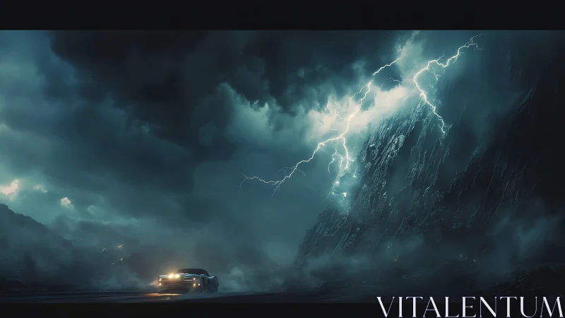 Car travels on wet road under lightning near steep mountain