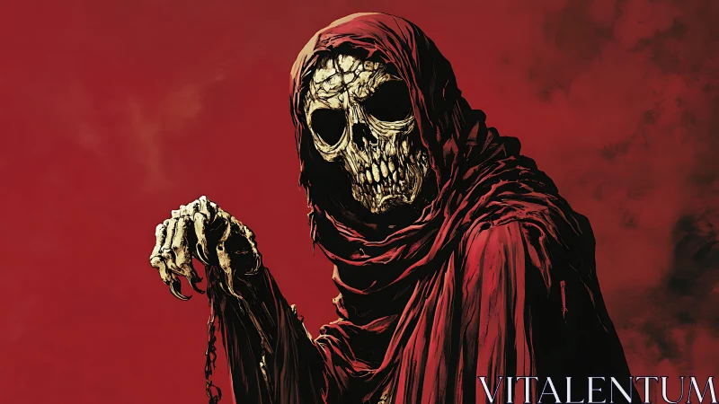 Hooded skeletal figure in red cloak against dark sky.