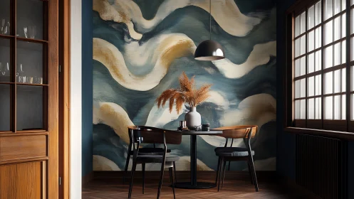Photorealistic dining nook with abstract wave mural focal wall.