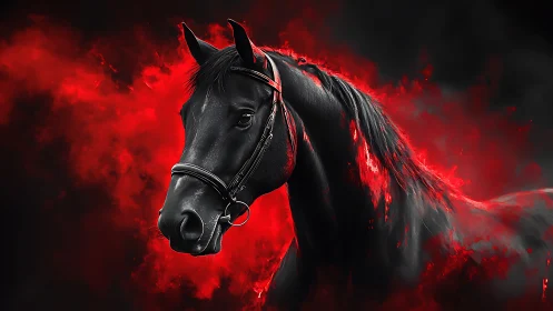Majestic black horse emerges through vivid red flames