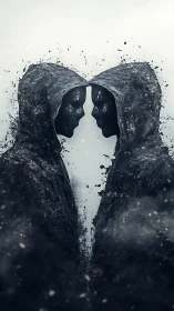 Shrouded twin figures dissolve as they confront each other