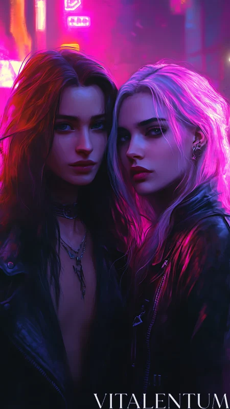 Two edgy women in neon city light, close portrait view.