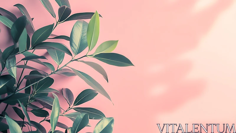 Green leafy plant on pastel pink background, minimalist style.