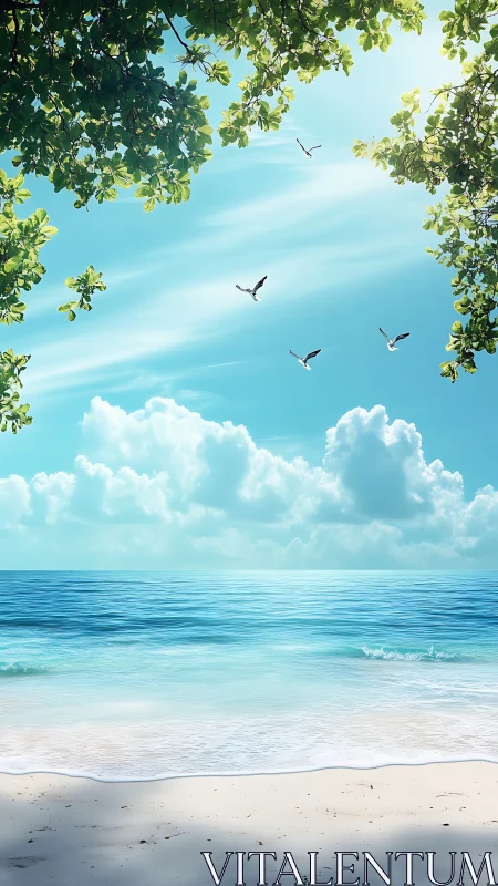 Tropical shoreline under clear sky with birds in flight.