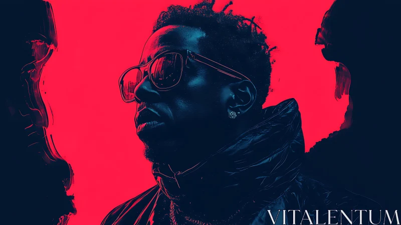 Stylized portrait of man in sunglasses on neon red backdrop.
