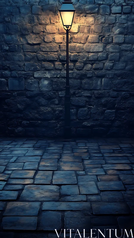 Midnight lamppost spilling amber hush on slick cobblestones.