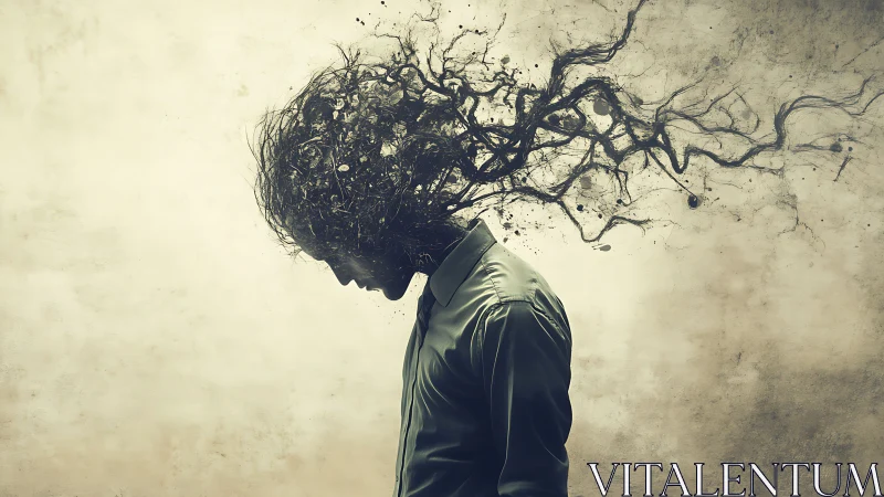 Figure with fragmented head transitions into branching forms