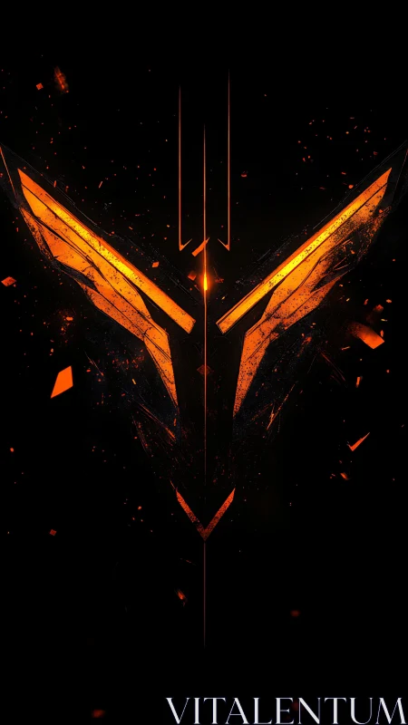 Molten angular emblem igniting in fractured darkness.