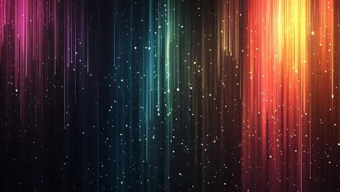 Vibrant neon light streaks with glowing particles, digital abstract art.