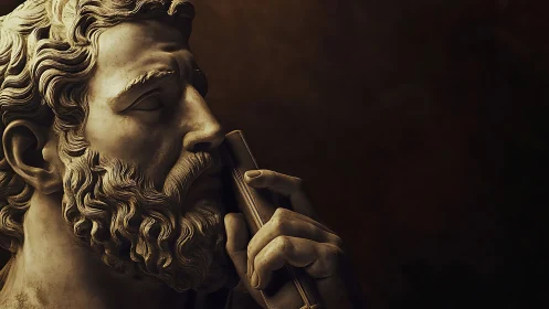 Contemplative marble philosopher lit by dramatic shadows.