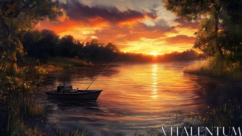 Fishing boat on reflective river at dense sunset horizon.