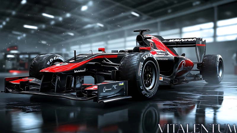 Red and black Formula race car in reflective pit garage.