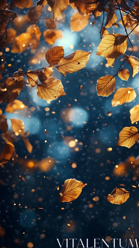 Golden autumn leaves drift through a dreamy twilight sky.