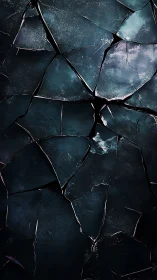 Cracked dark glass surface with teal light and deep fractures.