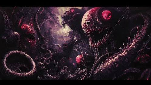 Haunting deep sea creatures in a twisted alien abyss.