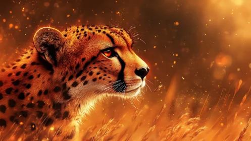 Cheetah Portrait in Golden Savanna Light with Particle Effects