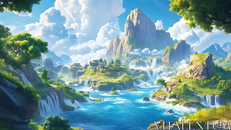 Sunlit fantasy valley unfolds with waterfalls and towering peaks