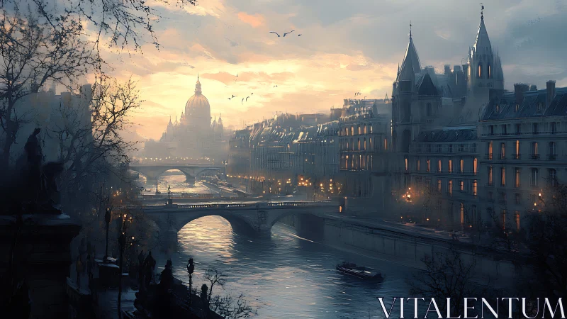 Twilight river city glows beneath a storybook cathedral sky.