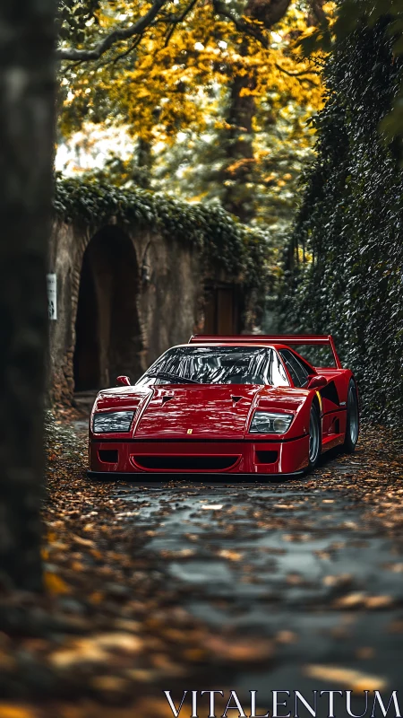 Iconic red supercar rests beneath golden autumn trees