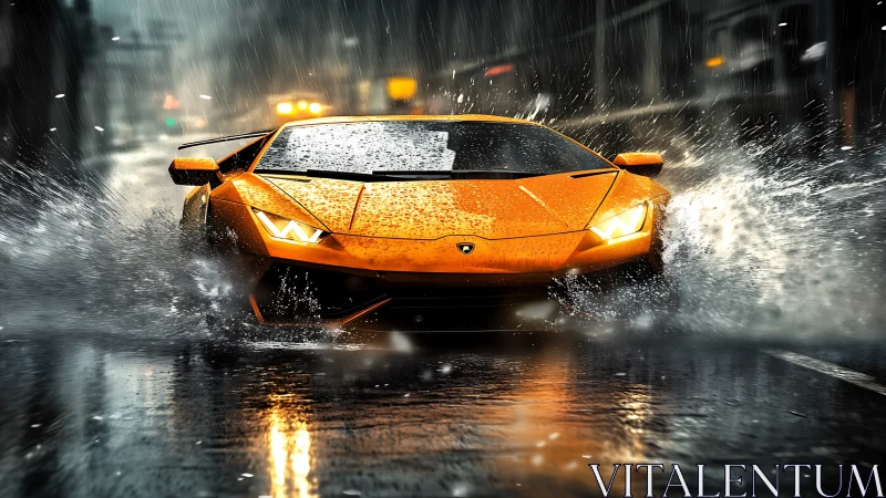 Orange supercar slicing through neon rain-soaked streets.