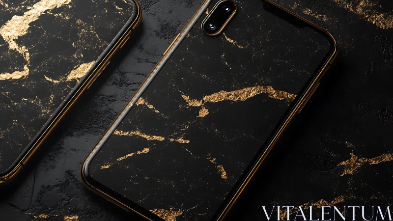Black smartphones show gold marble patterned cases on surface
