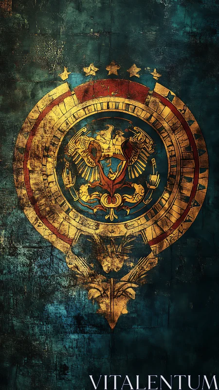 Golden double headed eagle emblem on distressed teal field