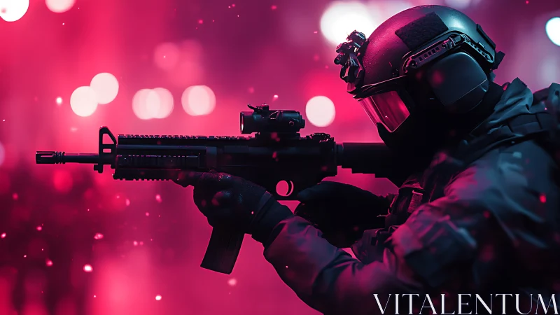Tactical operator with rifle in red low light environment.