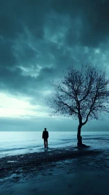 Silhouette stands on wet shoreline beside bare tree at dusk