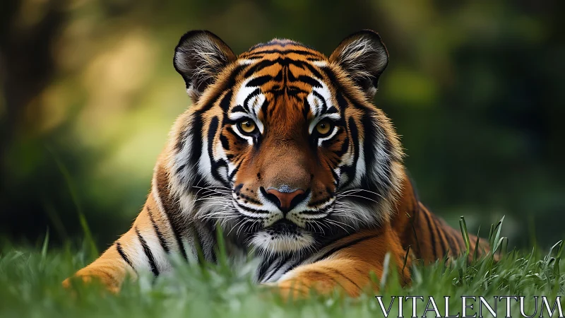 Calm tiger resting in lush grass with a steady golden gaze.