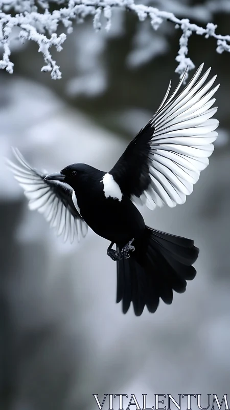 Black Magpie in Flight with Frost-Laden Branches.