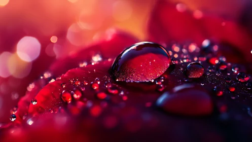 Macro water droplets glow on crimson petal under warm bokeh