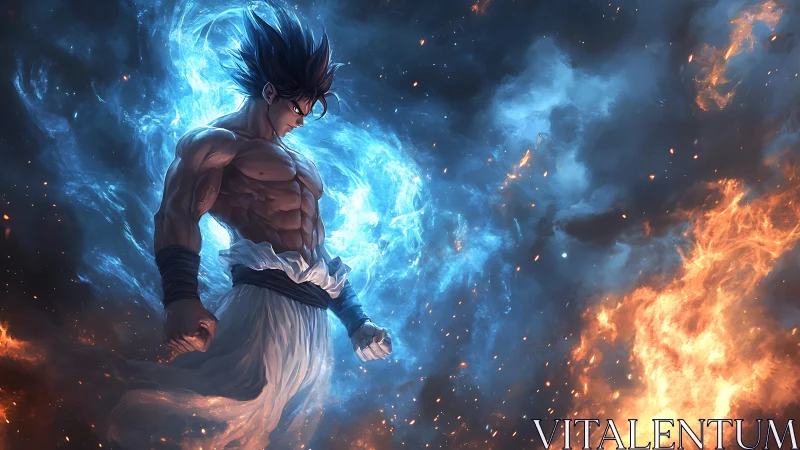 Muscular anime warrior amid volumetric blue aura and opposing fire