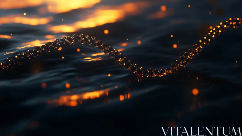 Glowing particle trail curves over dark reflective water surface