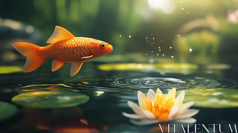 Goldfish hovers above lily pond, rendered in photoreal detail