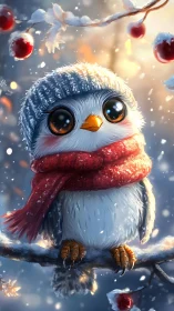 Cute winter bird in knit hat and scarf on snowy branch.