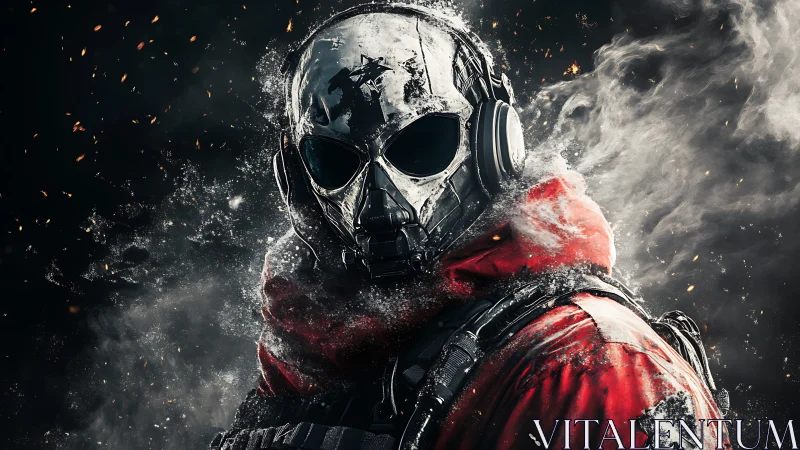 Armored skull-masked soldier dissolves into embers and smoke