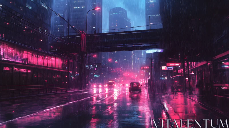 Neon lit rainy city street under overpass at night.