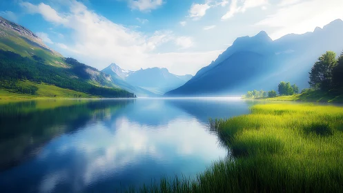 Majestic alpine lake with reflective water and sunlit meadows.