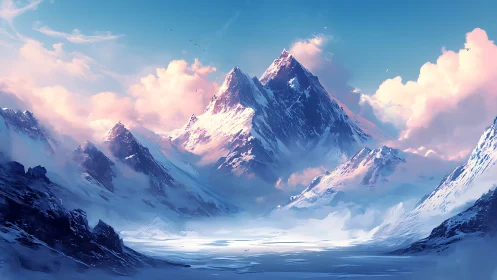 Blush-touched alpine peaks under dream-bright winter skies.