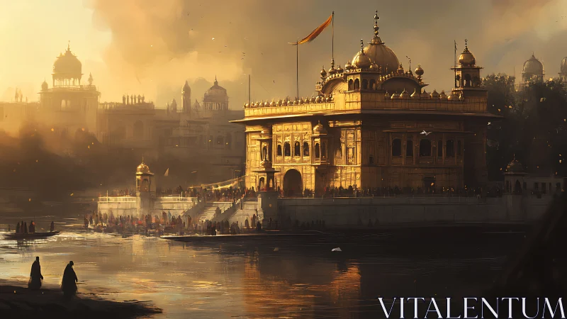 Golden riverside temple glowing in soft evening light.