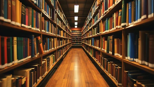 Symmetrical library stacks form linear perspective corridor of books